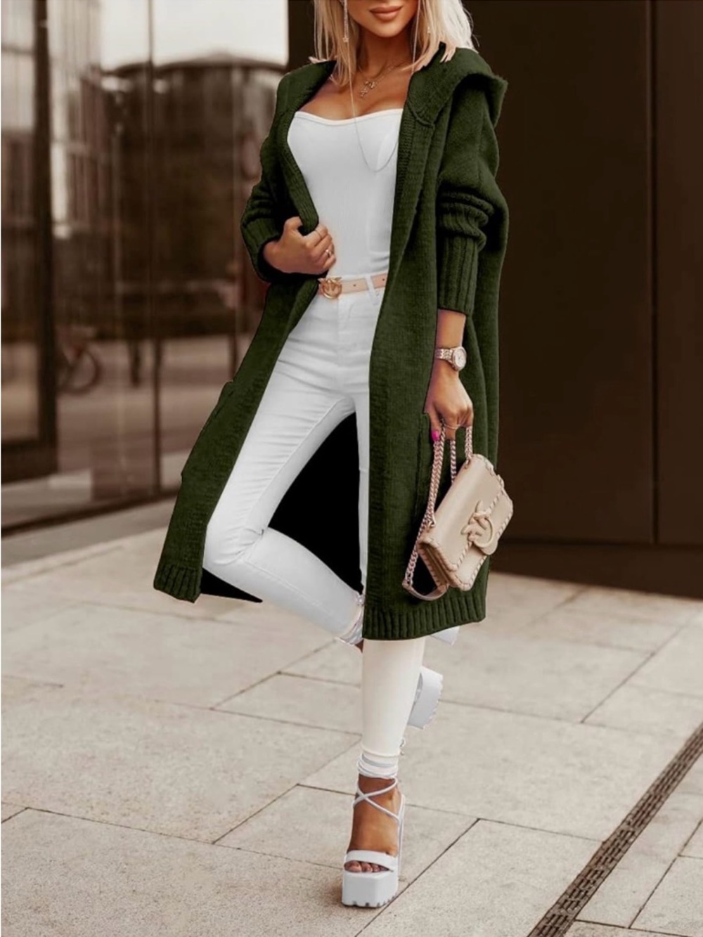 Long Hooded Open-Front Sweater Cardigan - Dark Olive Green